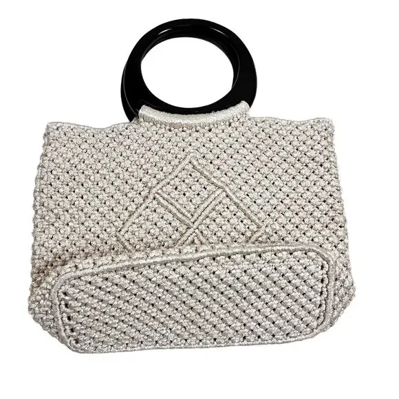 NEW Hand Woven Knit Macrame Large Bag Ivory Wood Handles Pockets Lined Magnetic - Picture 4 of 10